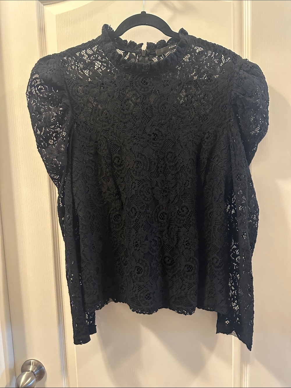 Aqua Black Lace Puff-Sleeve Blouse